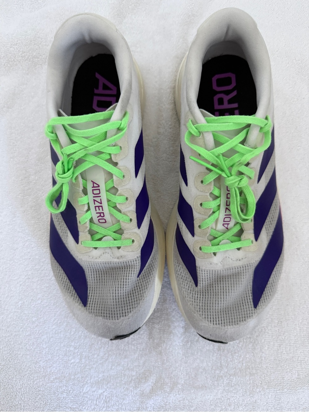 Adidas Adizero Evo SL Women’s Running Sneakers in White with Purple & Neon Green